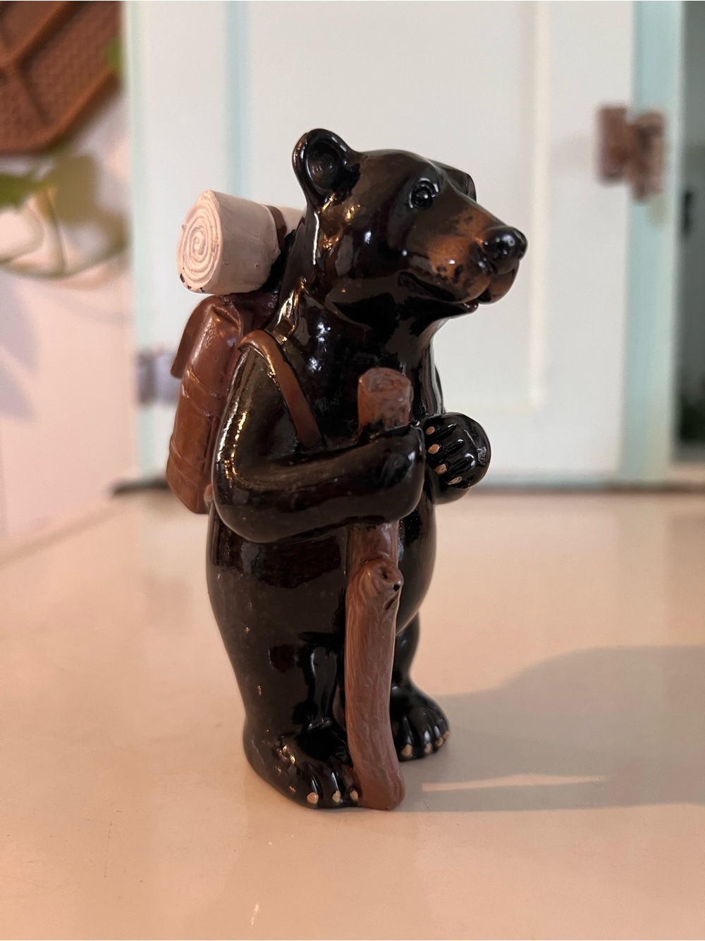 Western Rustic Backpacking Black Bear With Trekking Pole On A Hike Figurine